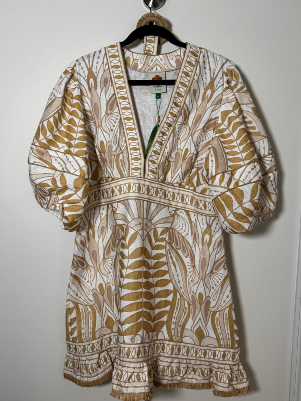 Farm Rio Beige Gold Botanical Puff Sleeve Mini Dress NWT XL Belted Boho - Picture 2 of 4